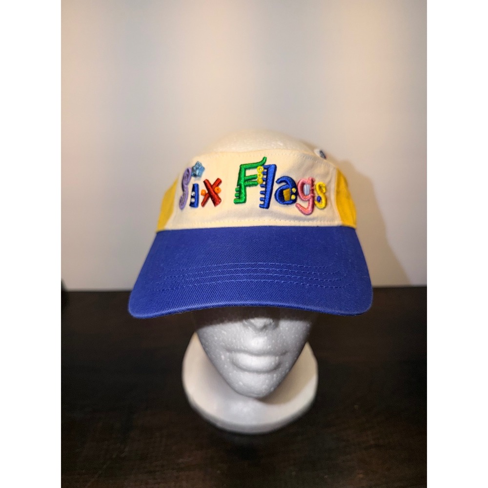Vintage Six Flags Embroidered Sun Visor Blue Yellow Colorblock Retro Hat 2004